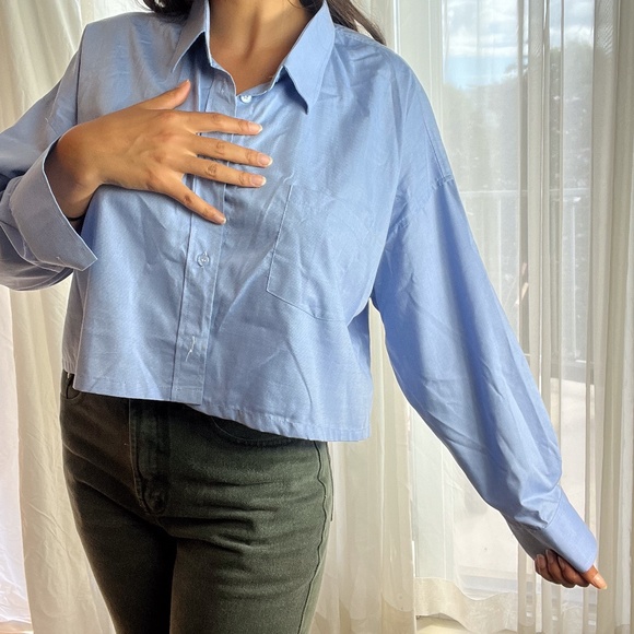 Collared Cropped Button Up Shirt - Picture 1 of 7